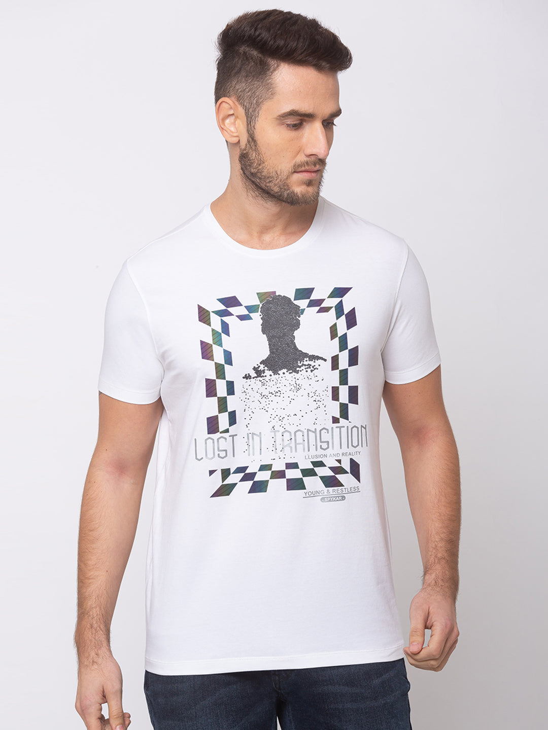 Spykar White Cotton Men T-Shirts