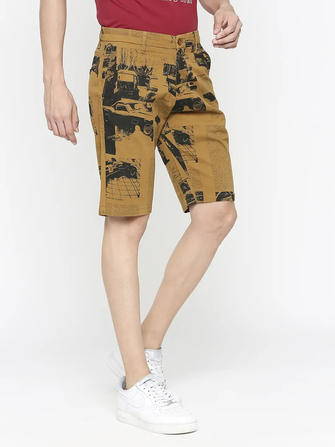 Spykar Men Khaki Cotton Slim Fit Printed Shorts