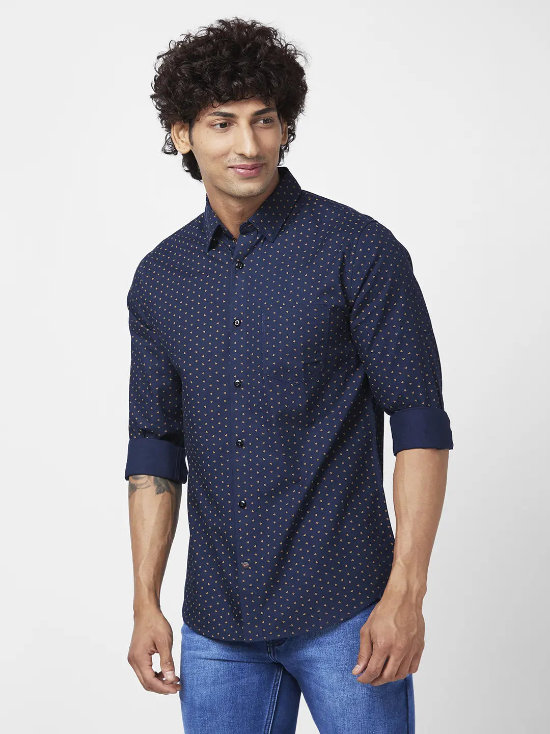 Spykar Men Midnight Blue Cotton Regular Slim Fit Full Sleeve Causal Printed Shirt