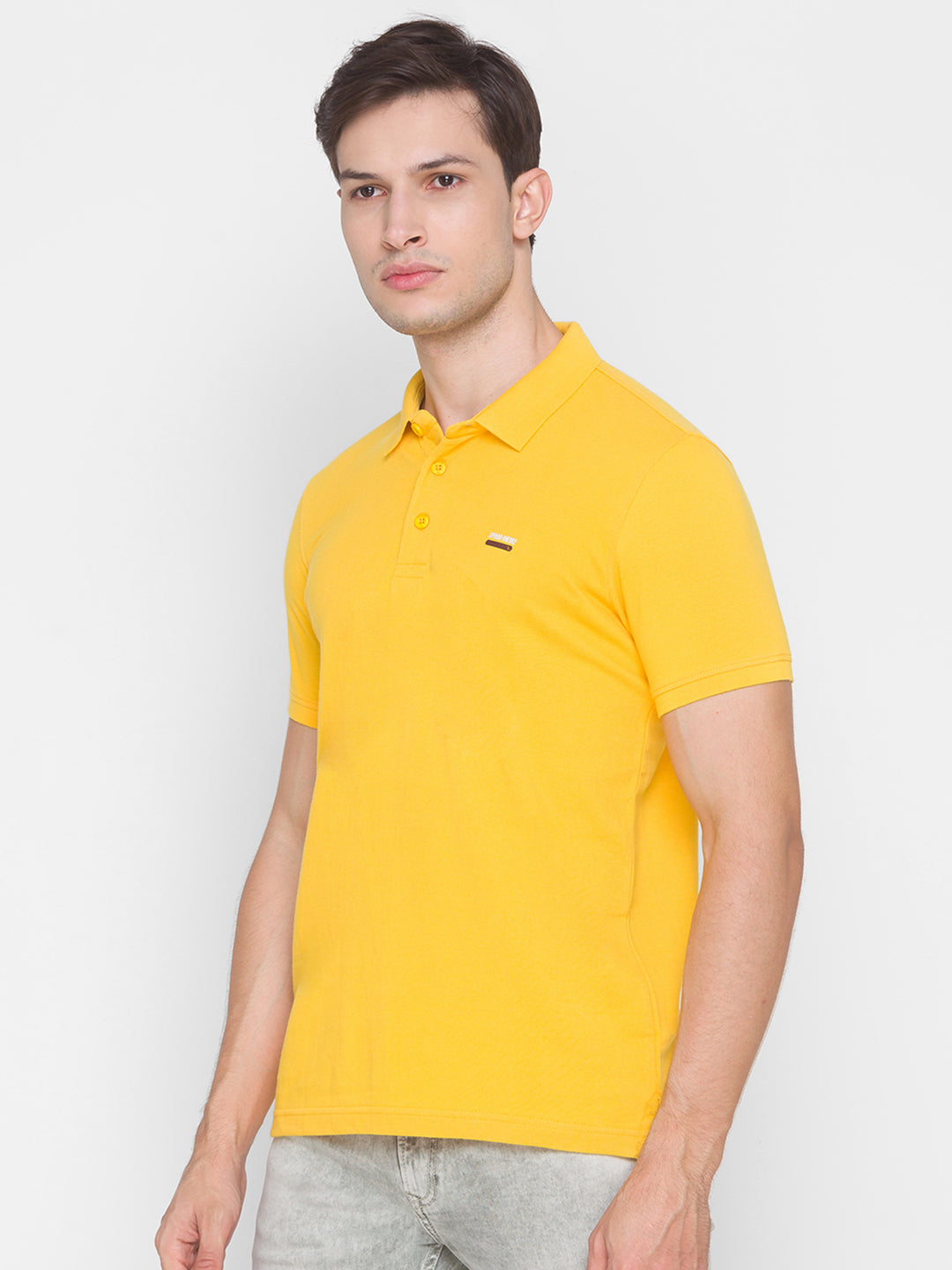 Spykar Men Yellow Cotton Slim Fit Round Neck Polo T-Shirt