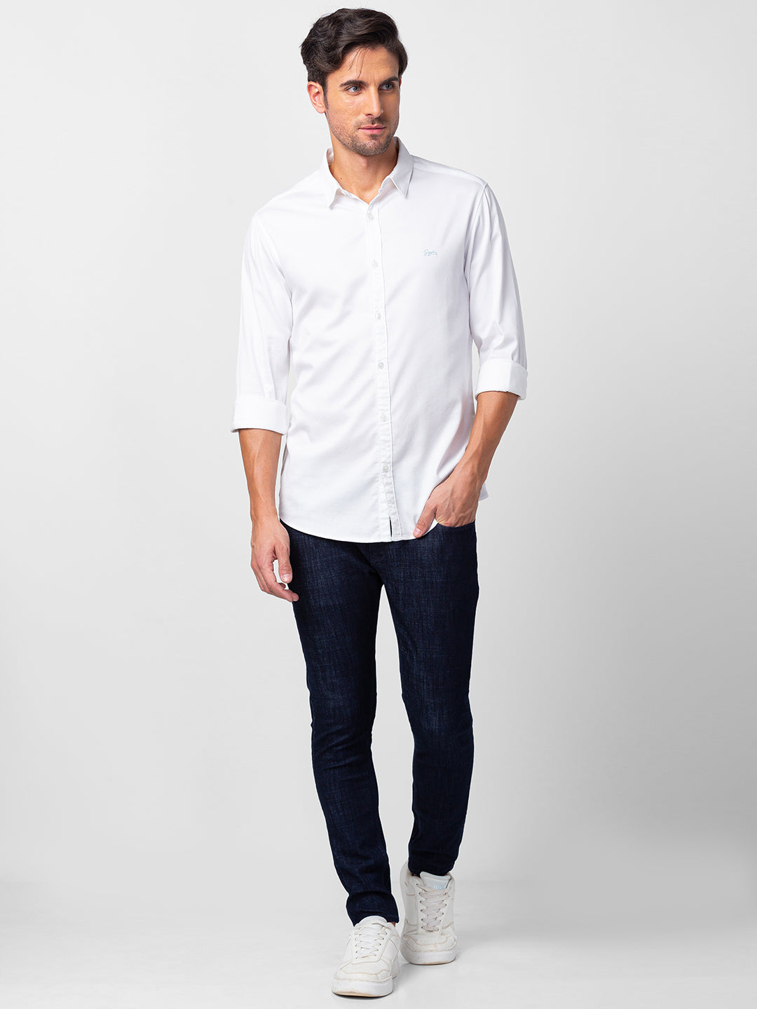 Spykar Men White Cotton Slim Fit Plain Shirt