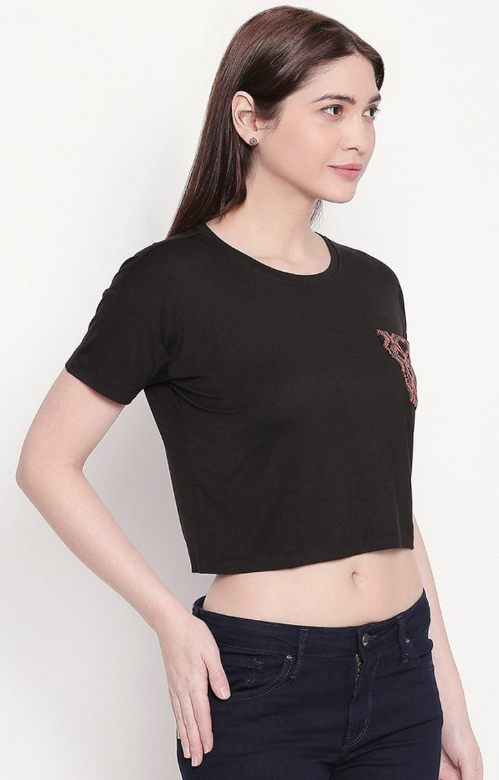 Spykar Women Black Viscose Slim Fit Round Neck Crop T-Shirt