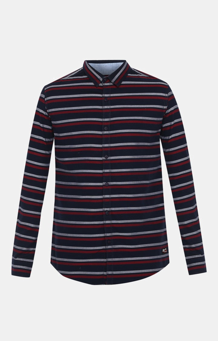 Spykar Men'S Blue Cotton Striped Casual Shirts