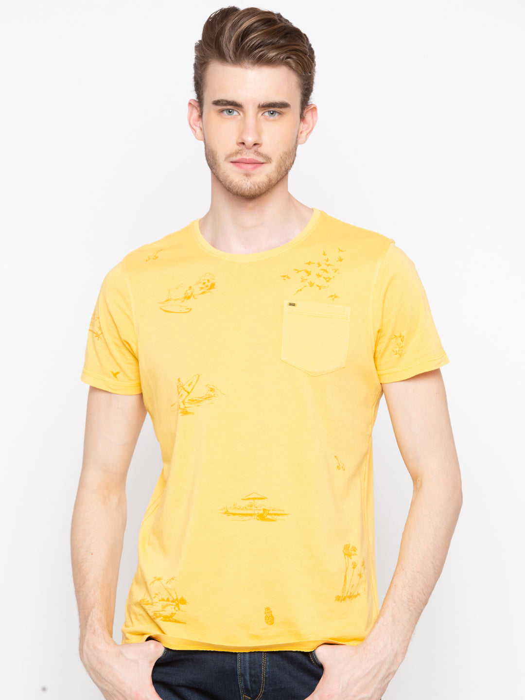 Spykar Yellow Cotton Slim Fit T-Shirt For Men