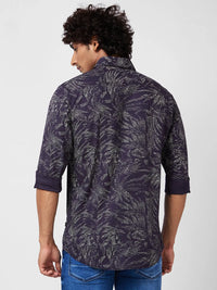 Spykar Men Navy Blue Slub Regular Slim Fit Full Sleeve Casual Floral Print Shirt