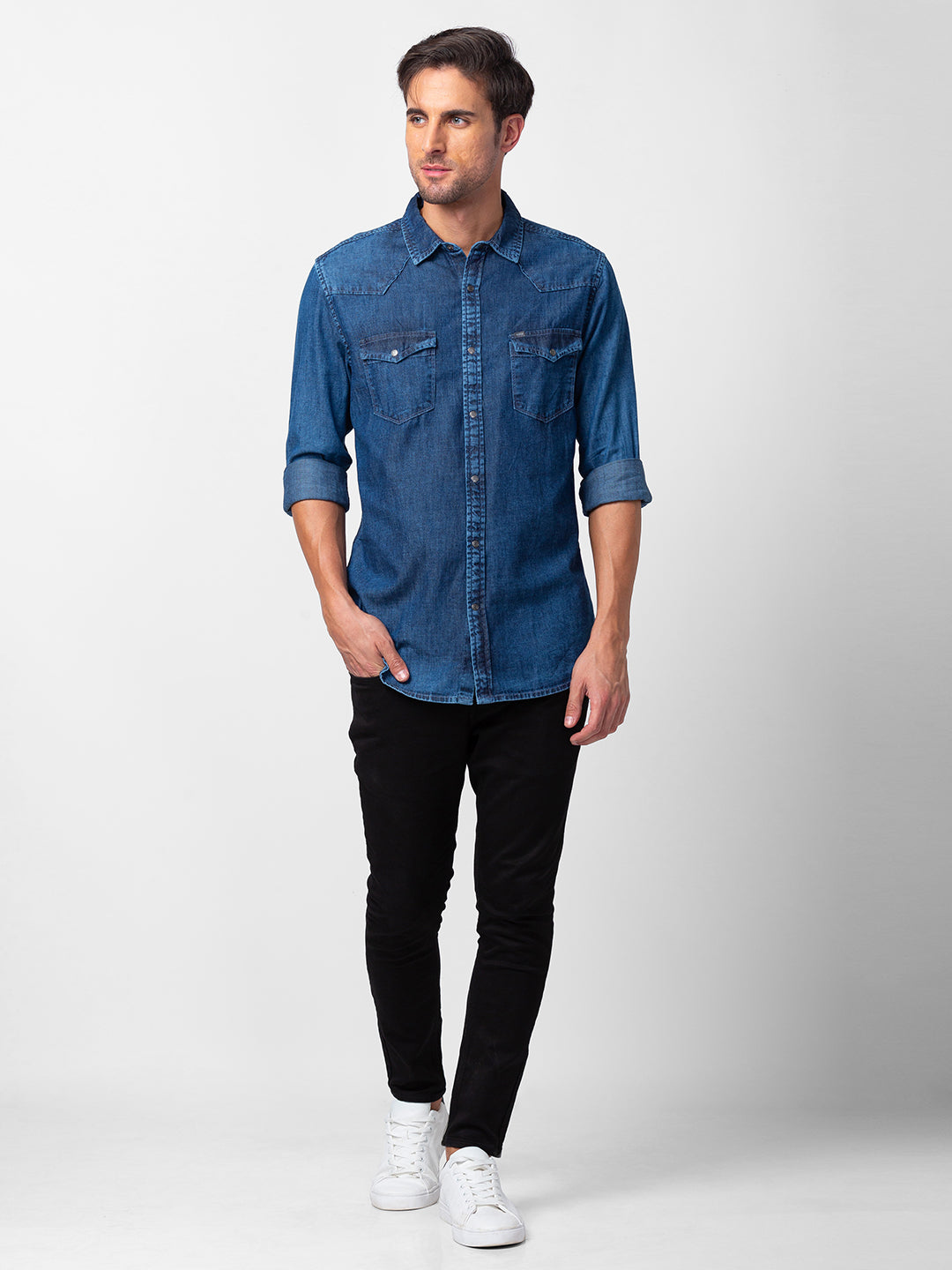 Spykar Men Mid Blue Cotton Slim Fit Denim Shirt