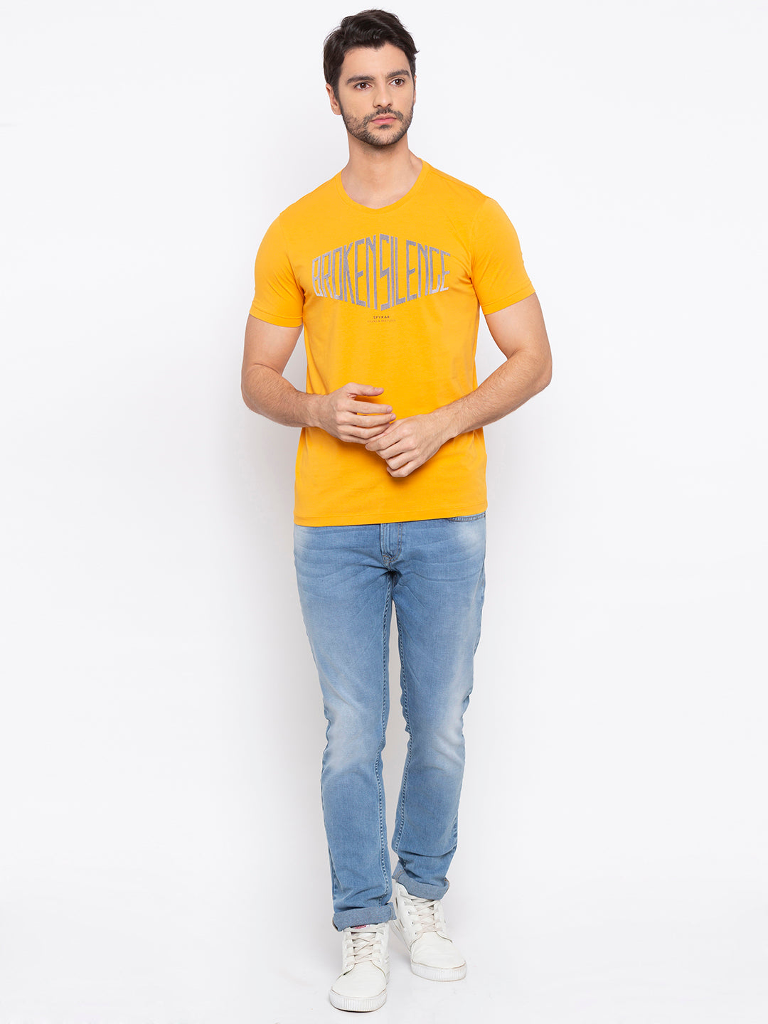 Spykar Men Yellow Cotton Slim Fit Round Neck T-Shirt