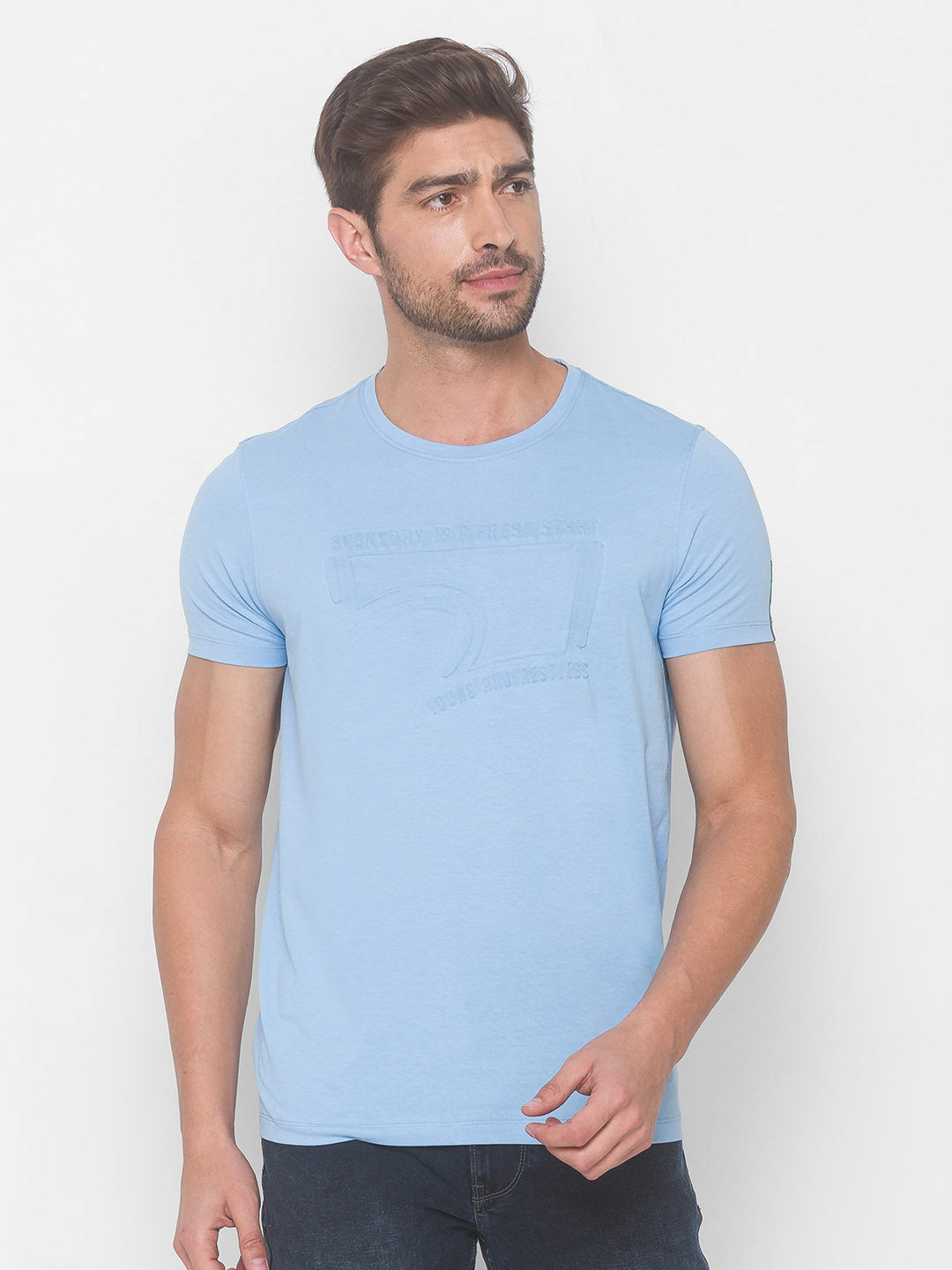 Spykar Men Blue Cotton Slim Fit Round Neck T-Shirt