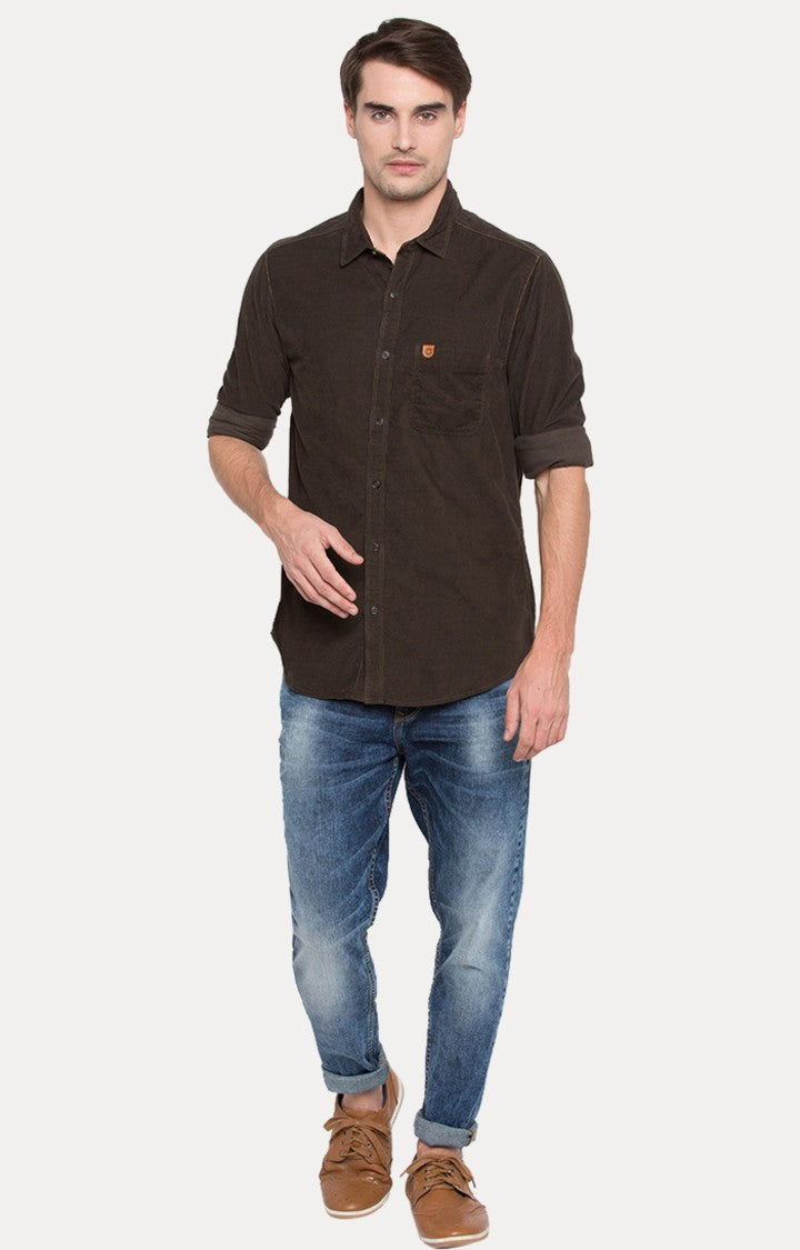 Spykar Men'S Brown Cotton Solid Casual Shirts