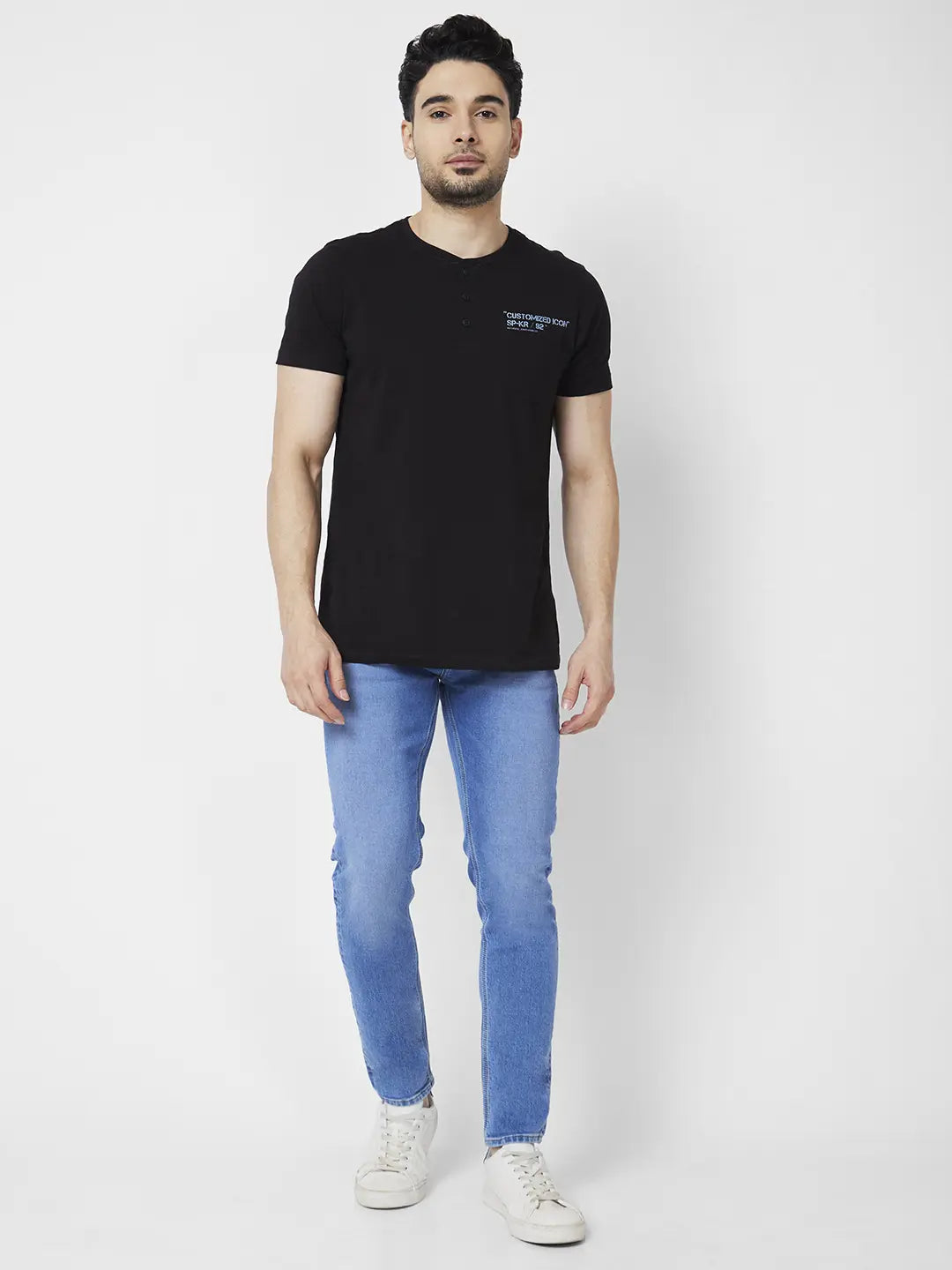 Men's Black Crew-neck T-shirt, Blue Jeans, Black Leather Tassel Loafers |  Lookastic