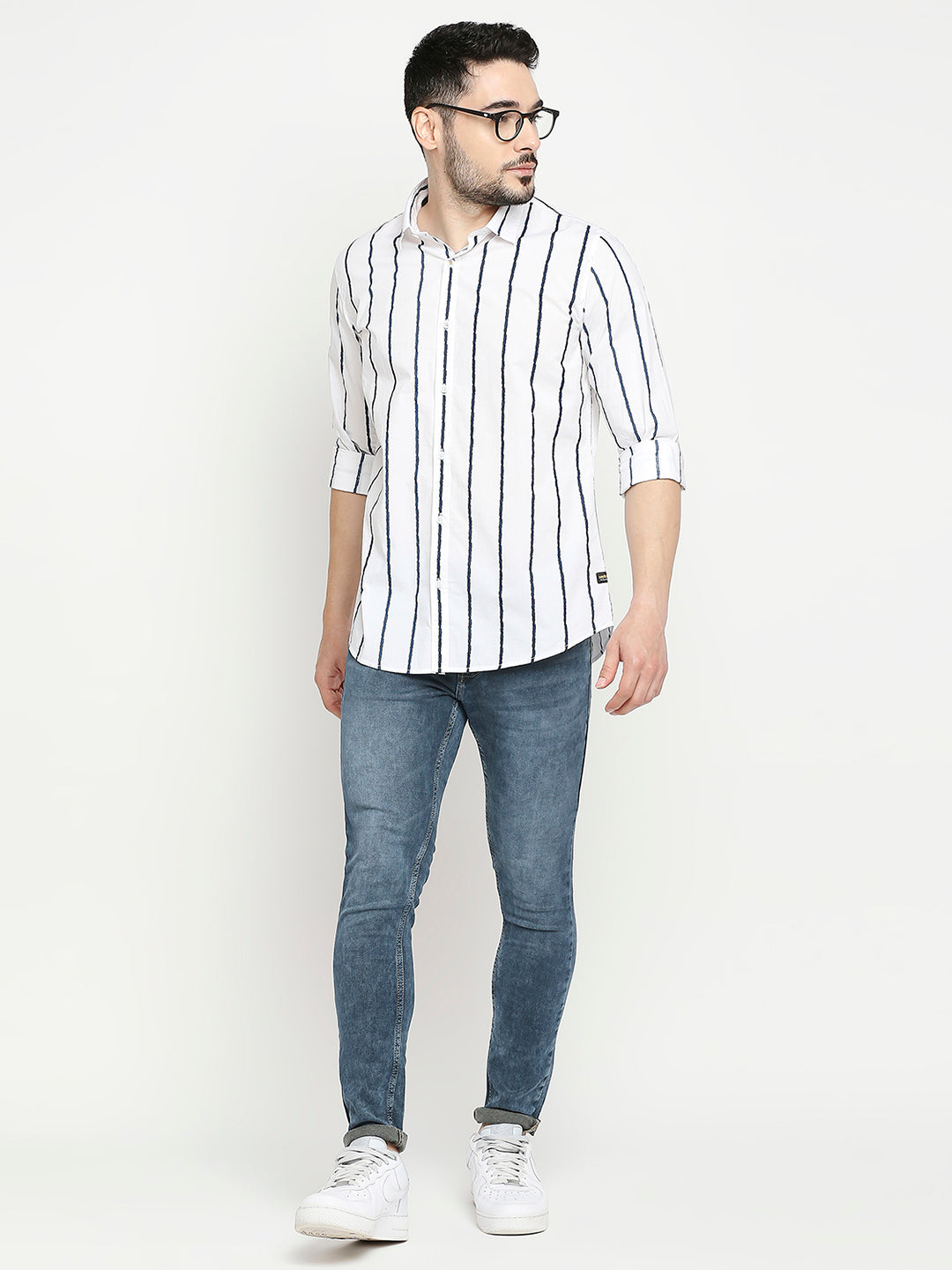 Spykar White Cotton Full Sleeve Striped Shirt For Men