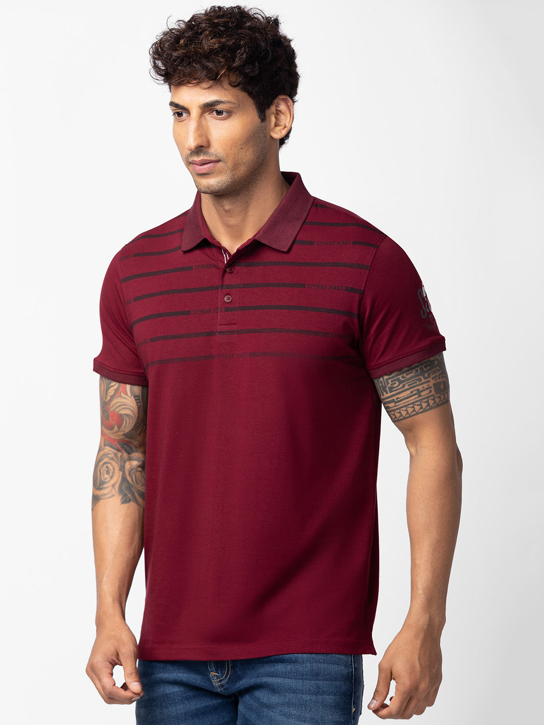 Spykar Men Wine Cotton Regular Fit Half Sleeve Printed Polo T-Shirt