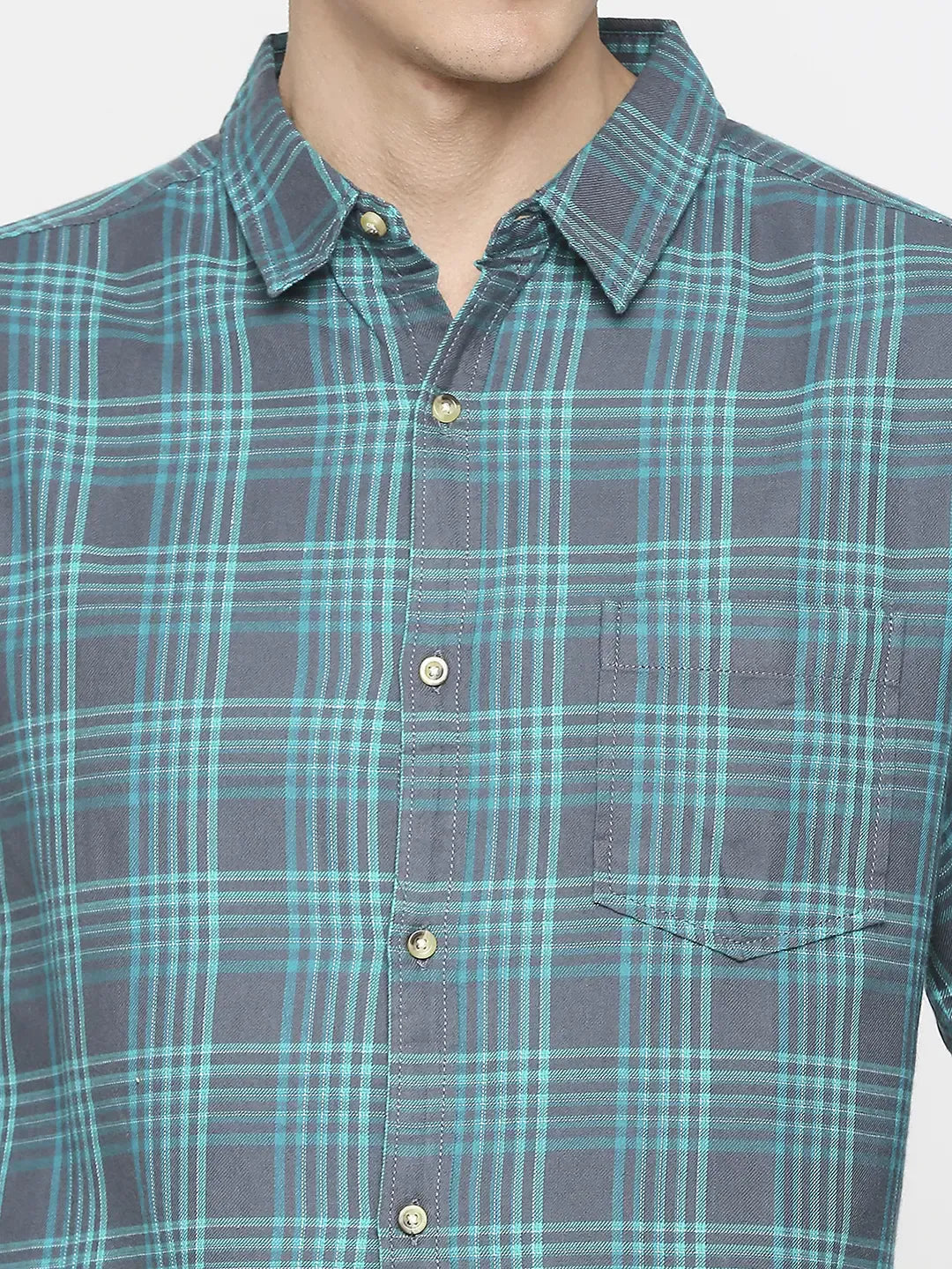 Spykar Men Mint Blue Cotton Slim Fit Checkered Shirt