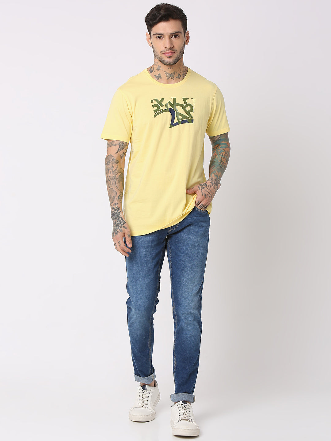 Spykar Men Powder Yellow Cotton Regular Fit Round Neck Printed T-Shirt