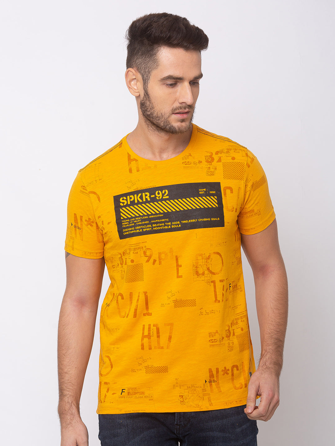 Spykar Men Yellow Cotton Slim Fit Round Neck T-Shirt