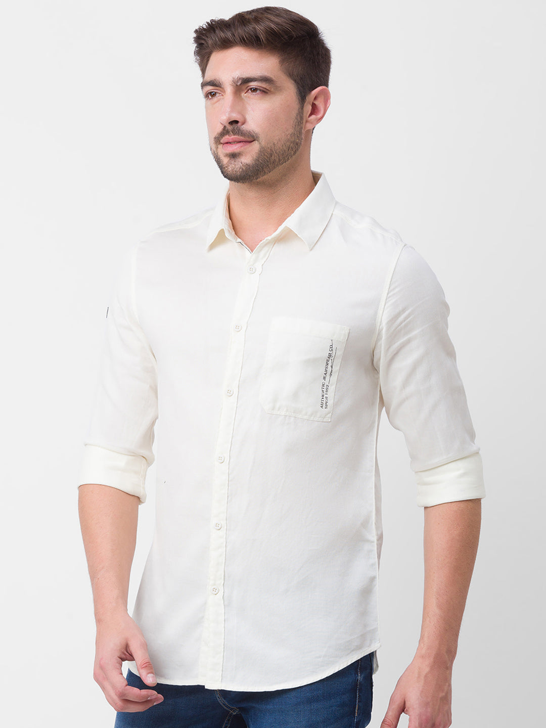 Spykar Off White Cotton Full Sleeve Plain Shirt For Men