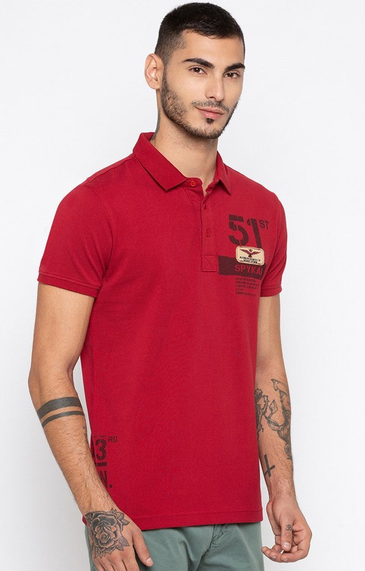 Spykar Red Printed Slim Fit Polo T-Shirt