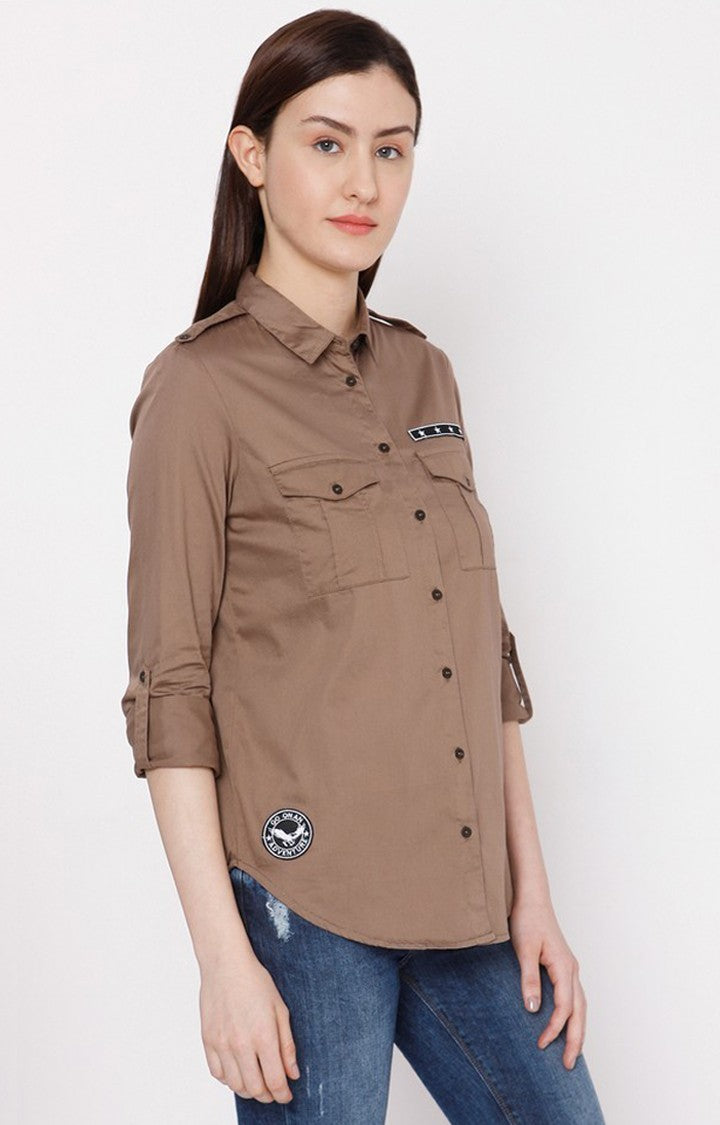 Spykar Brown Cotton Regular Fit Shirts For Women