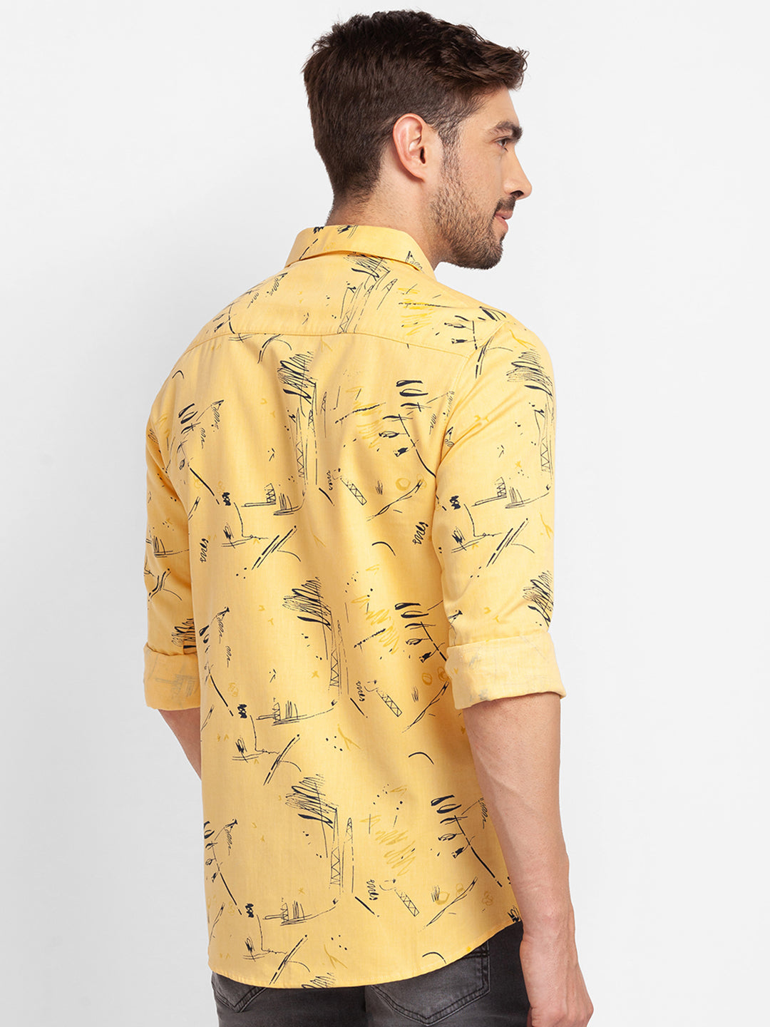 Spykar Chrome Yellow Cotton Full Sleeve Printed Shirt For Men