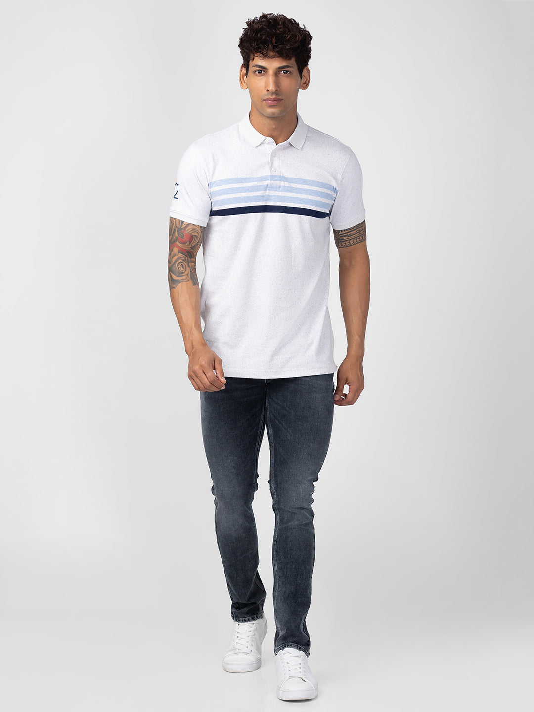 Spykar Men White Cotton Regular Fit Half Sleeve Printed Polo T-Shirt