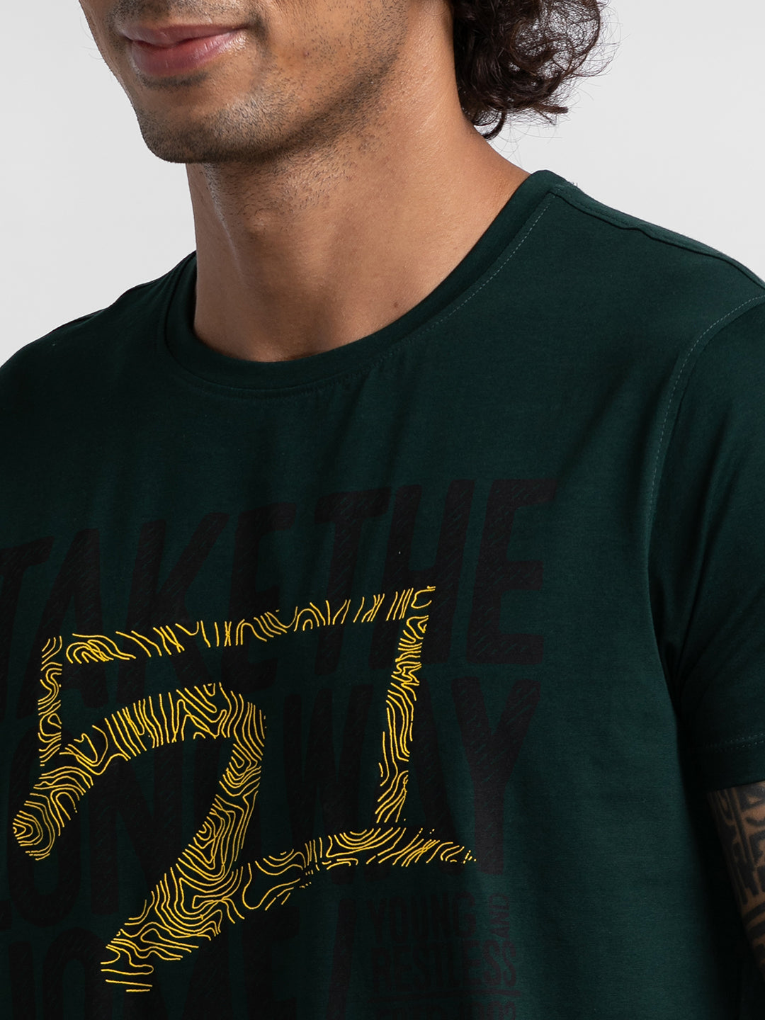 Spykar Bottle Green Cotton Half Sleeve Printed Casual T-Shirt For Men