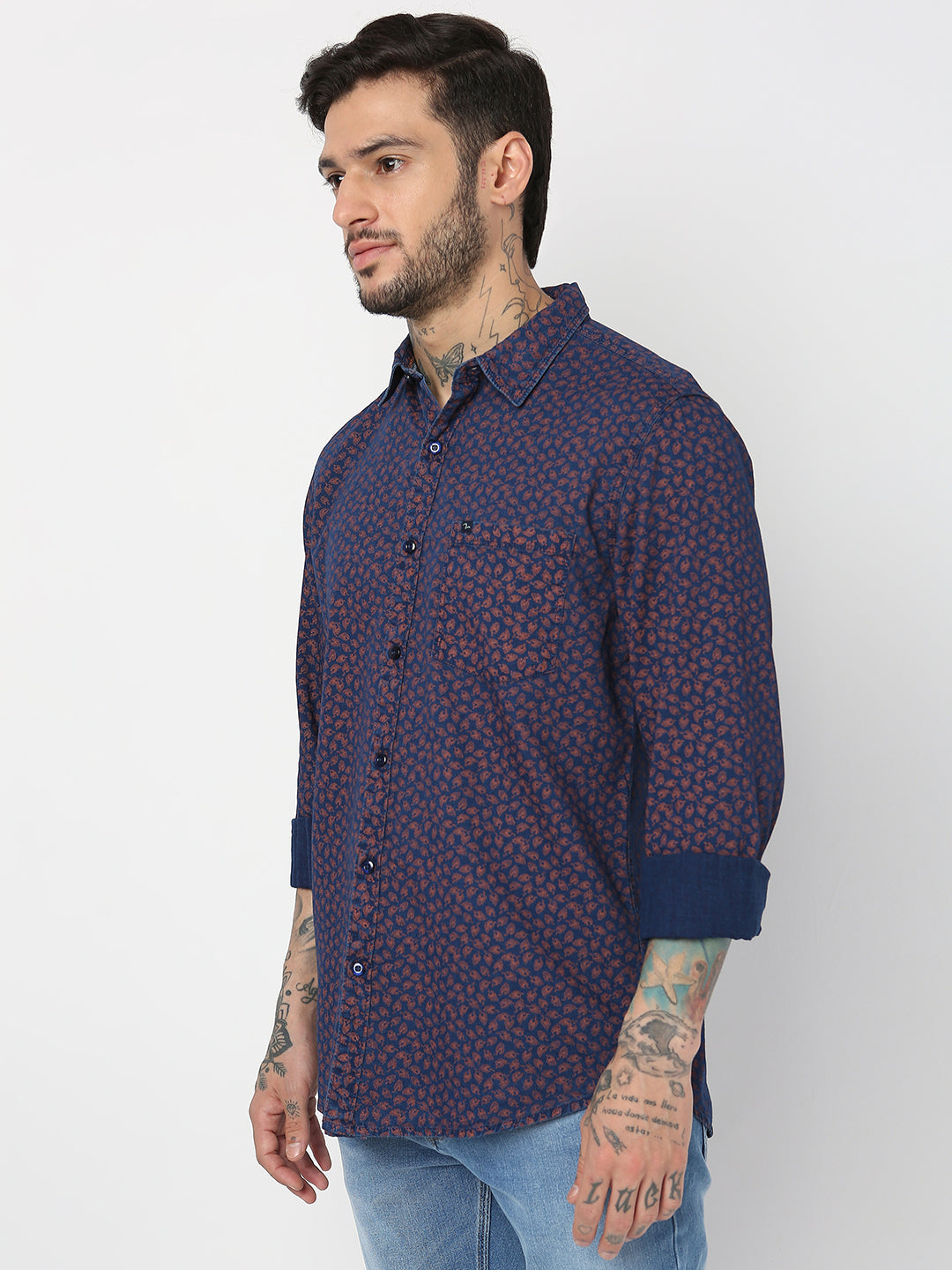 Spykar Men Indigo Blue/Rust Cotton Slim Fit Printed Shirts