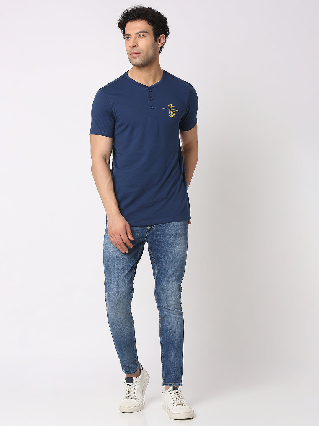 Spykar Men Indigo Blue Cotton Slim Fit Henley Neck Plain T-Shirt