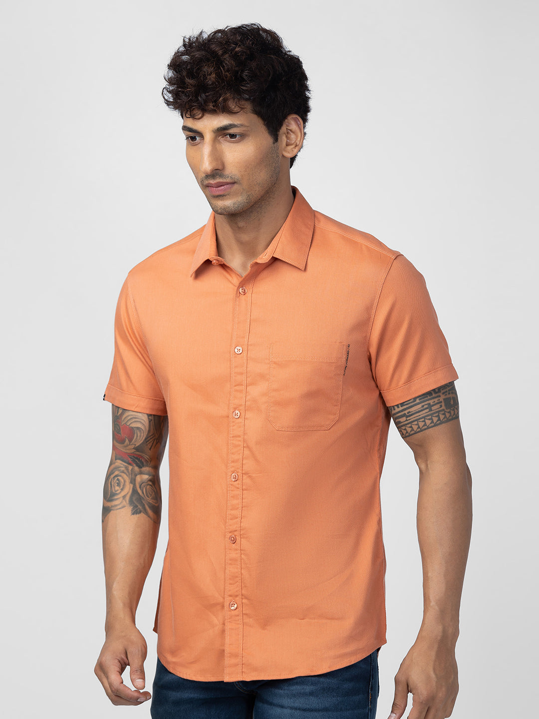 Spykar Men Sunset Orange Cotton Slim Fit Plain Shirt