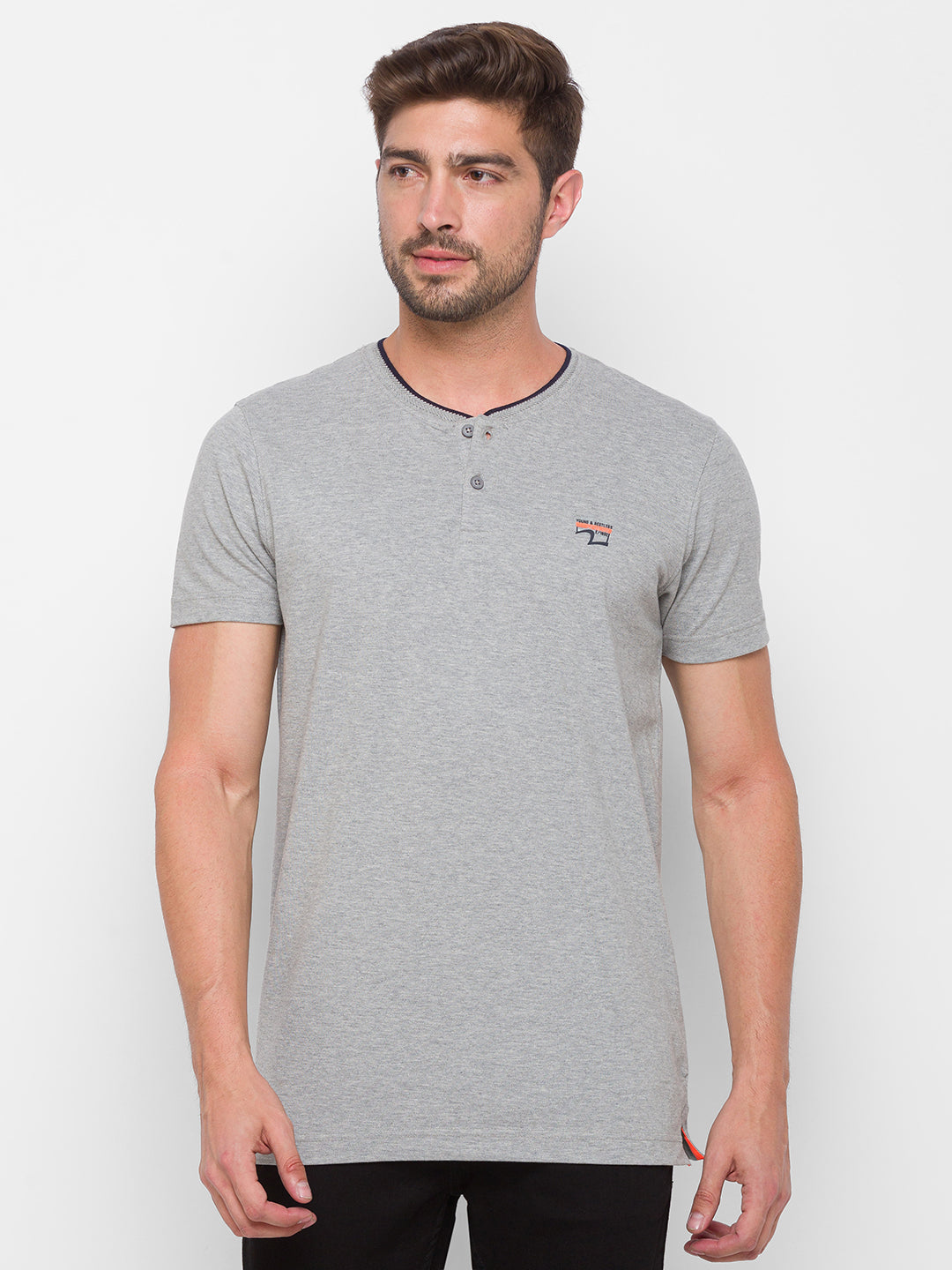 Spykar Men Grey Cotton Regular Round Neck T-Shirt