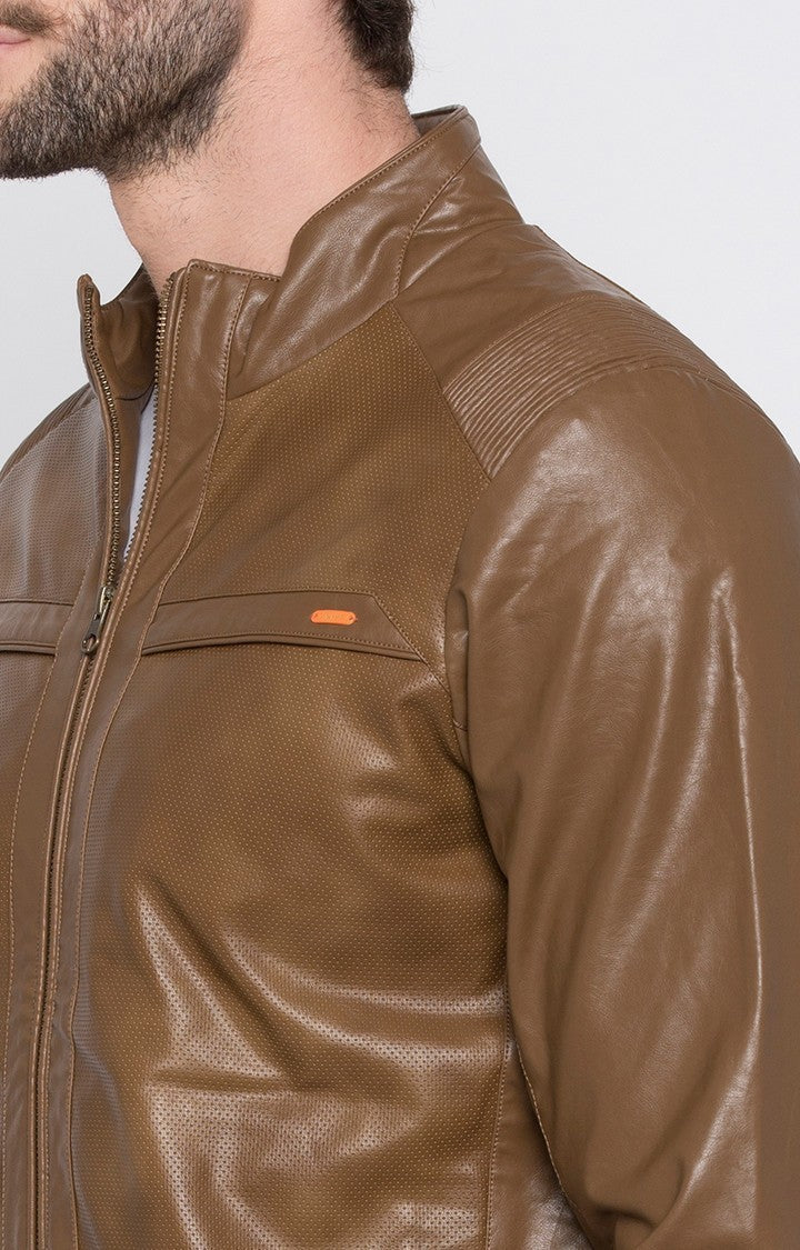 Spykar Men Brown Solid Regular Fit Leather Jacket