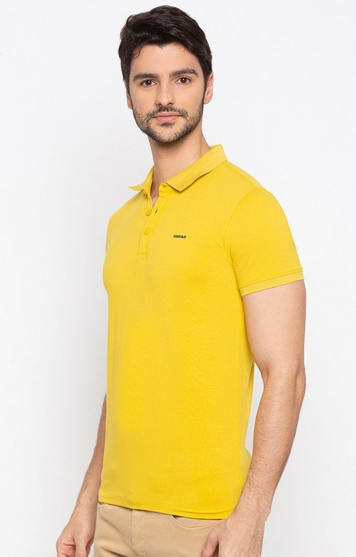 Spykar Men Yellow Cotton Slim Fit Polo T-Shirt