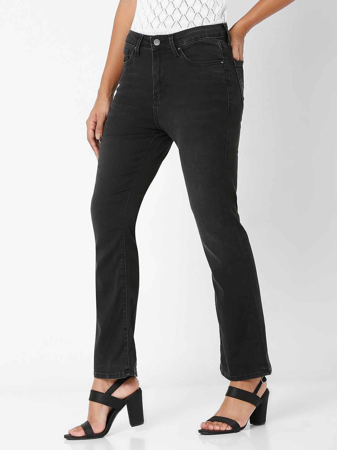 Spykar Women Black Cotton Flare Fit Ankle Length Jeans (Elissa)