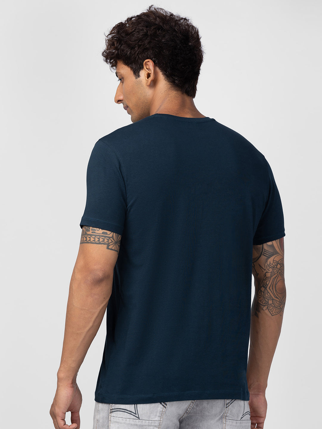 Spykar Men Teal Blue Cotton Regular Fit Half Sleeve Printed T-Shirt