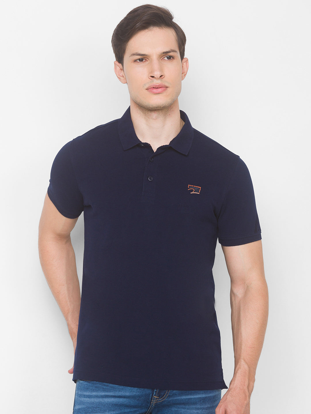 Spykar Men Blue Cotton Slim Fit Polo T-Shirt