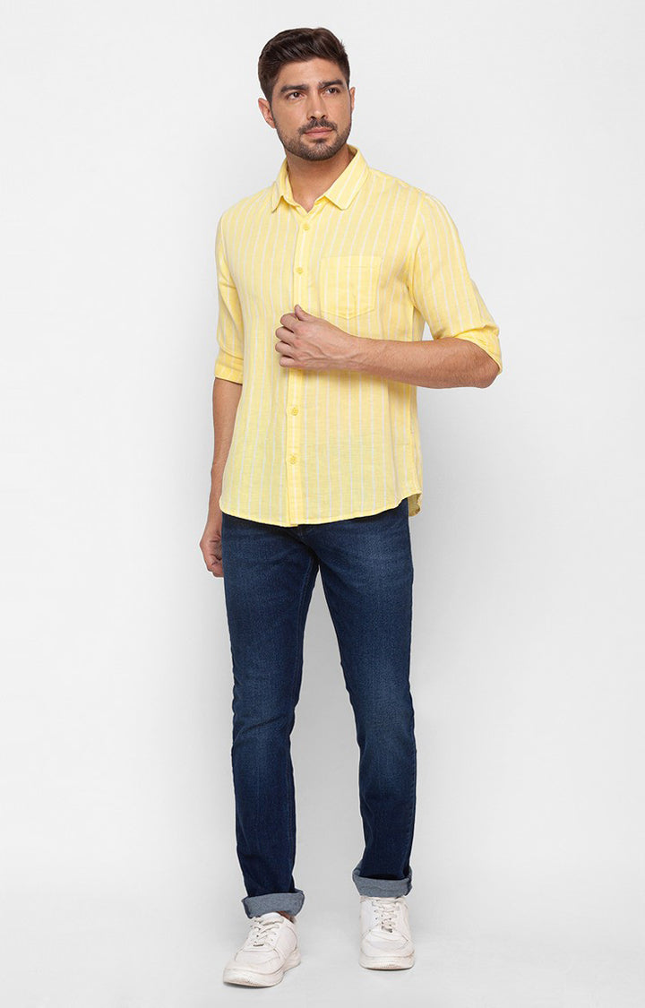 Spykar Butter Yellow Cotton Full Sleeve Stripes Shirt For Men