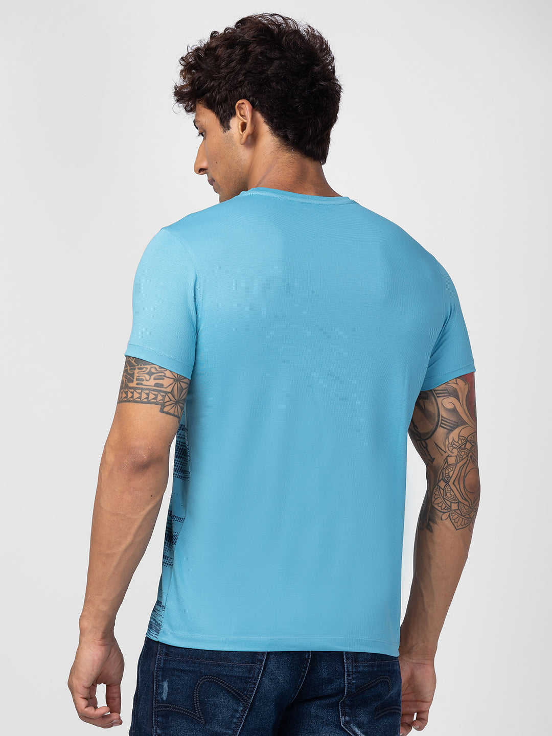 Spykar Men Haze Blue Cotton Regular Fit Half Sleeve Printed T-Shirt