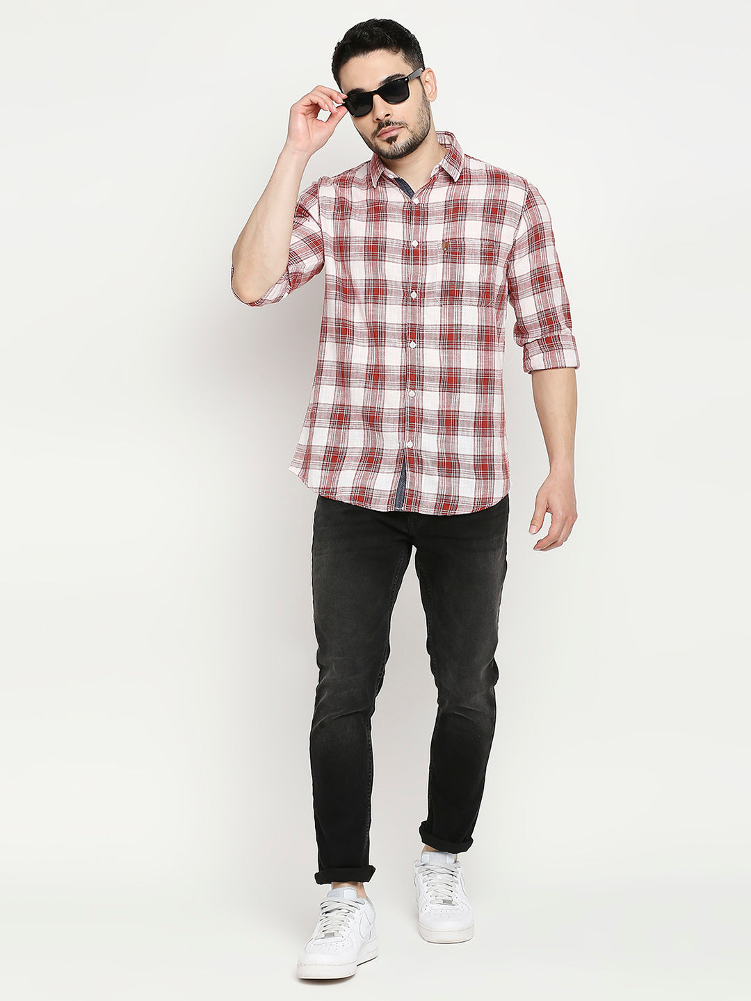 Spykar Brick Red Cotton Full Sleeve Checkered Shirt For Men