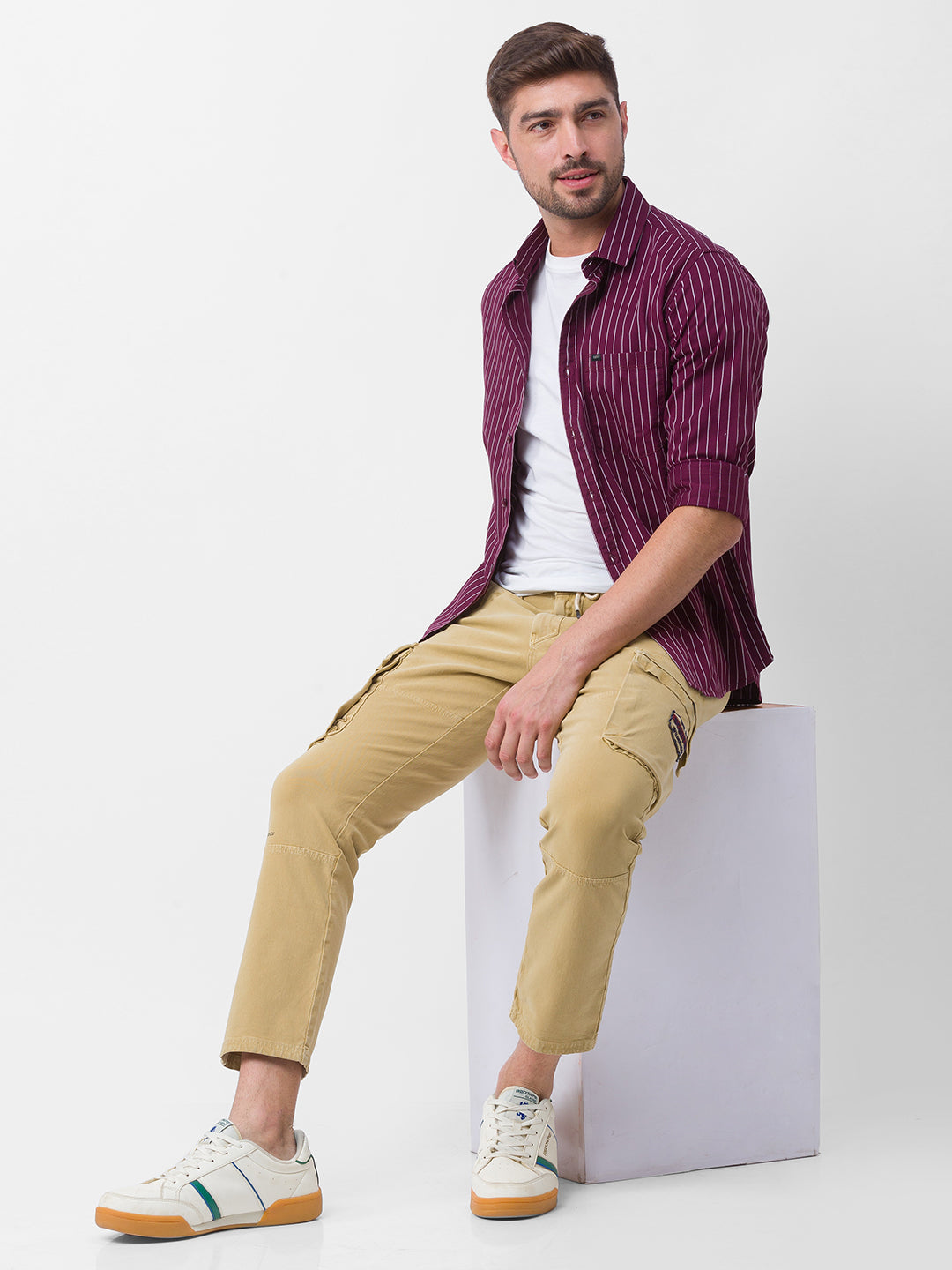 Spykar Khaki Cotton Slim Fit Regular Length Trouser For Men