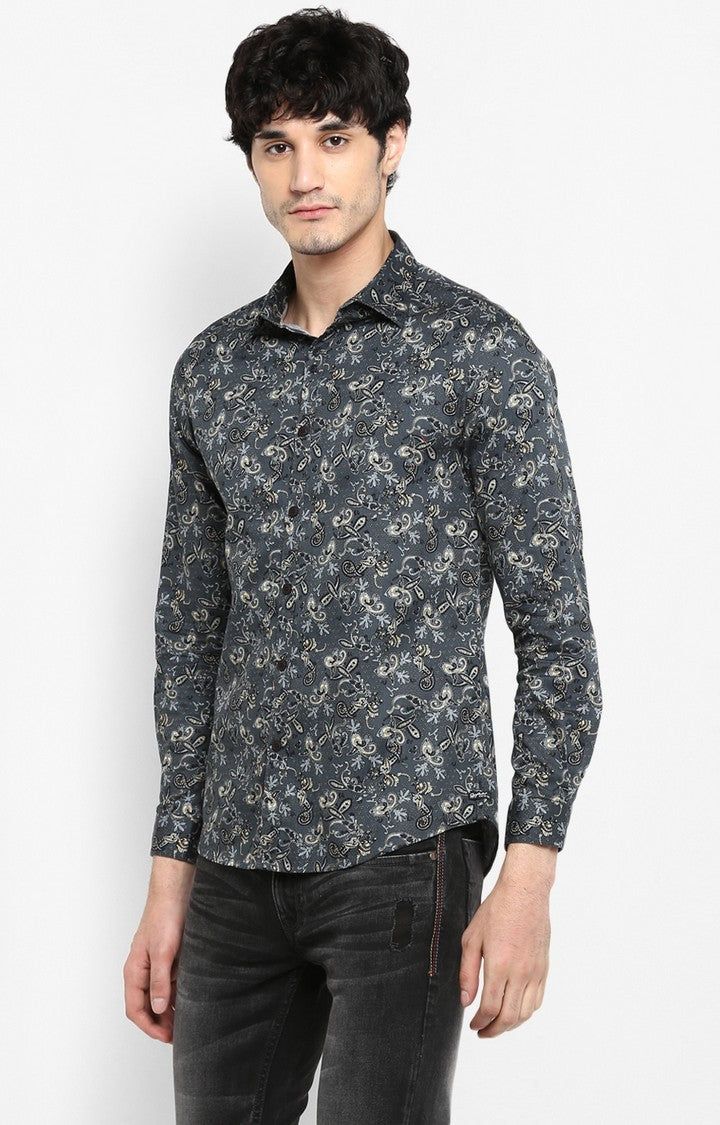 Spykar Men'S Grey Cotton Printed Casual Shirts