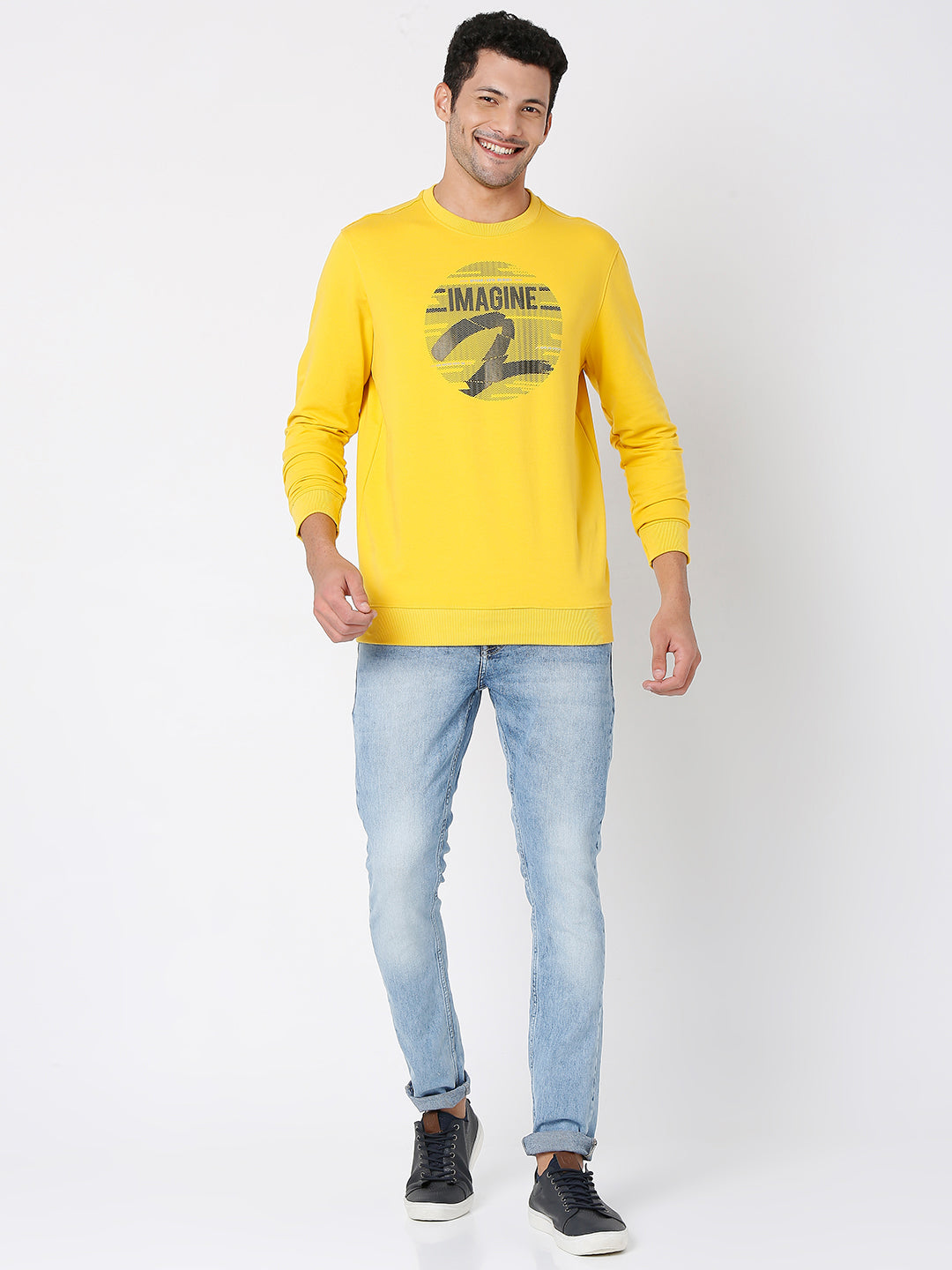 Spykar Men Mustard Cotton Full Sleeve Round Neck Sweatshirt