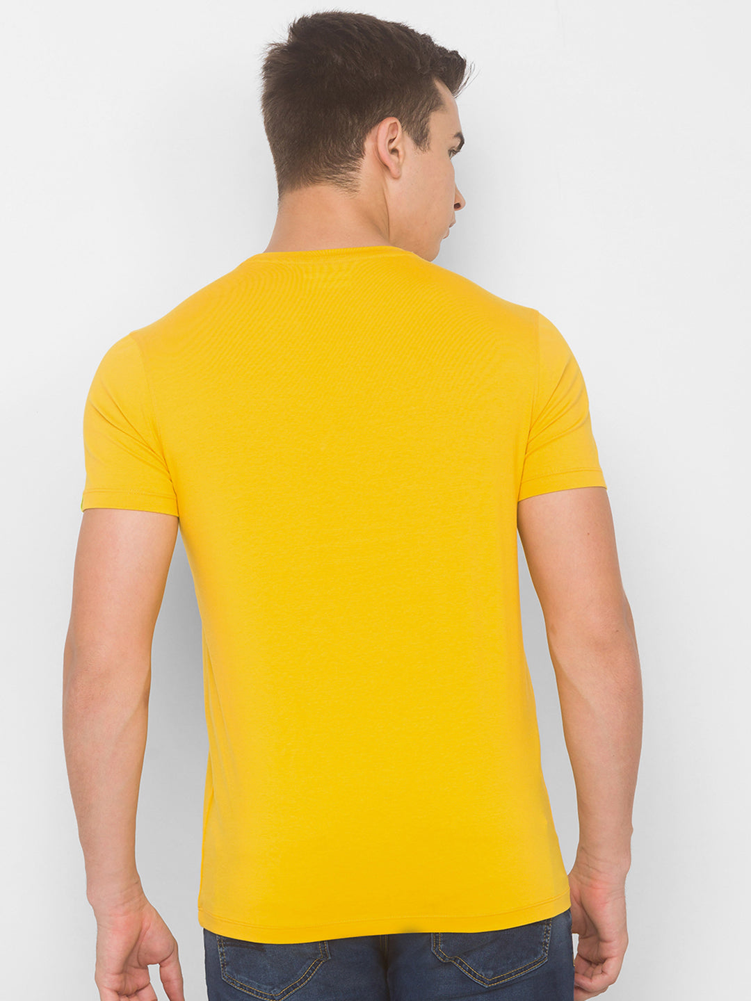 Spykar Men Yellow Cotton Slim Fit Round Neck T-Shirt