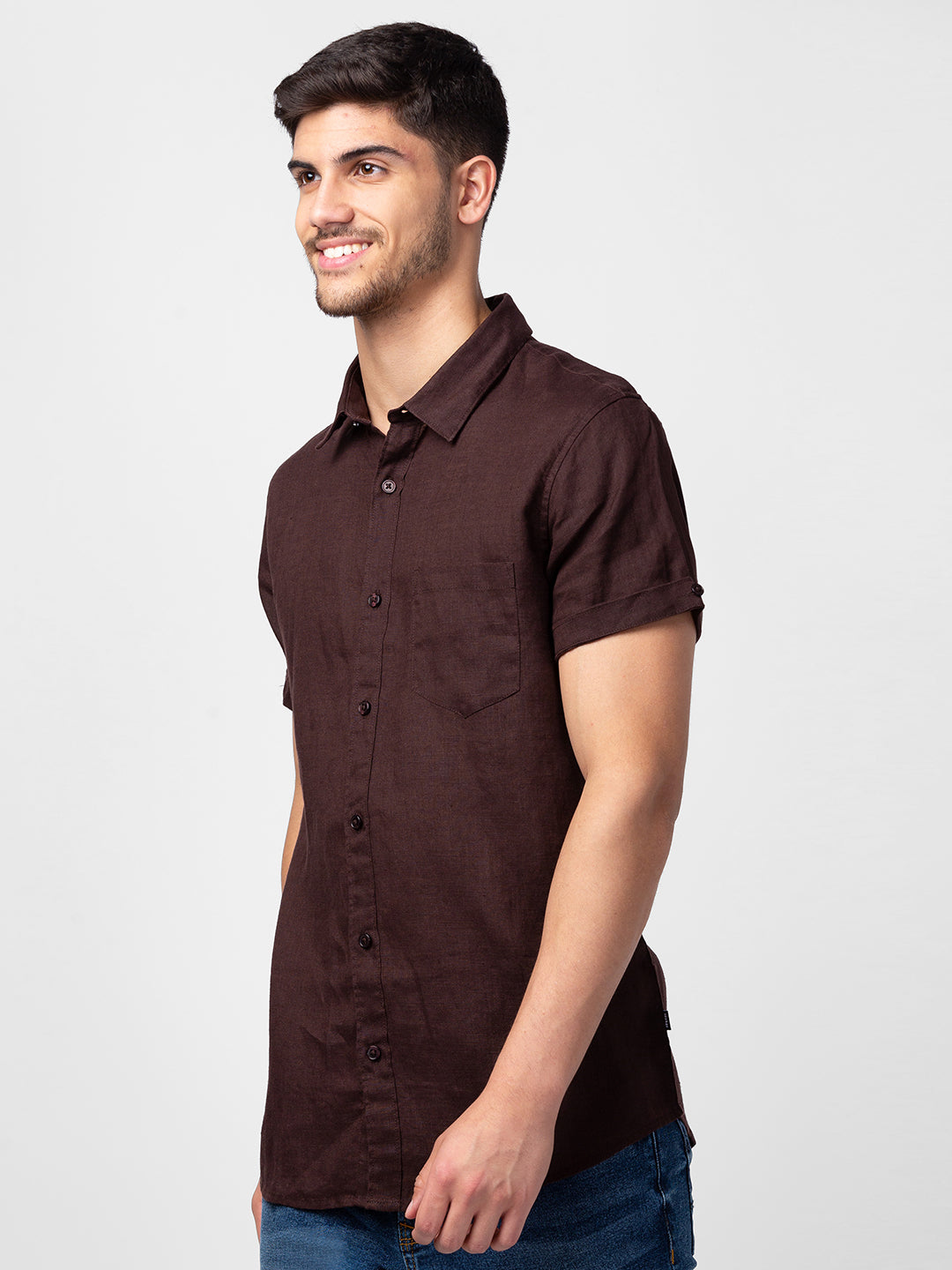 Spykar Men Coffee Brown Cotton Slim Fit Plain Shirt