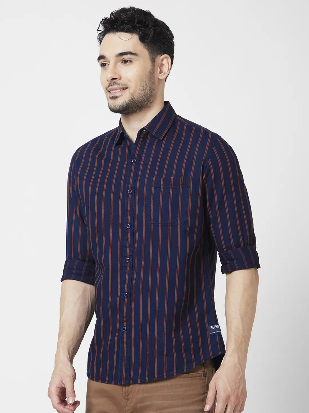 Spykar Men Red Cotton Slim Fit Full Sleeve Striped Shirt