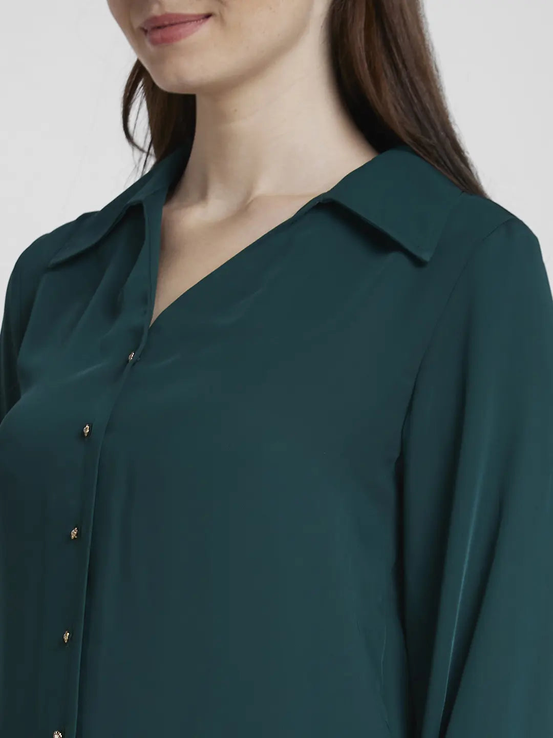 Spykar Women Dark Green Polyester Regular Fit Full Sleeve Plain Shirt