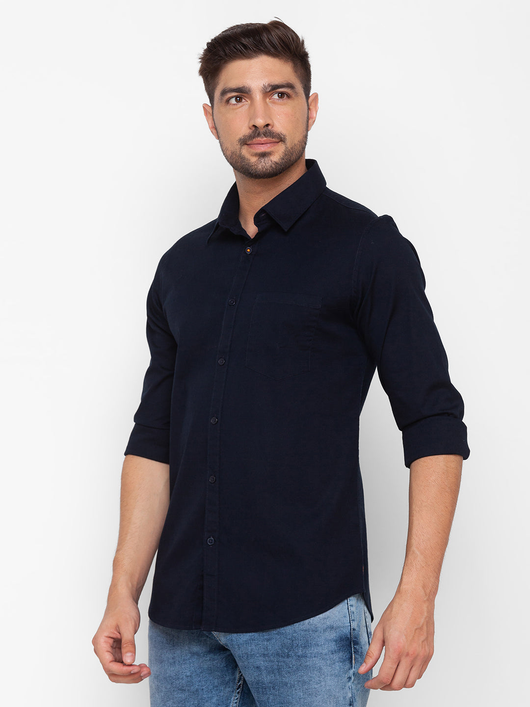 Spykar Navy Blue Cotton Full Sleeve Plain Shirt For Men