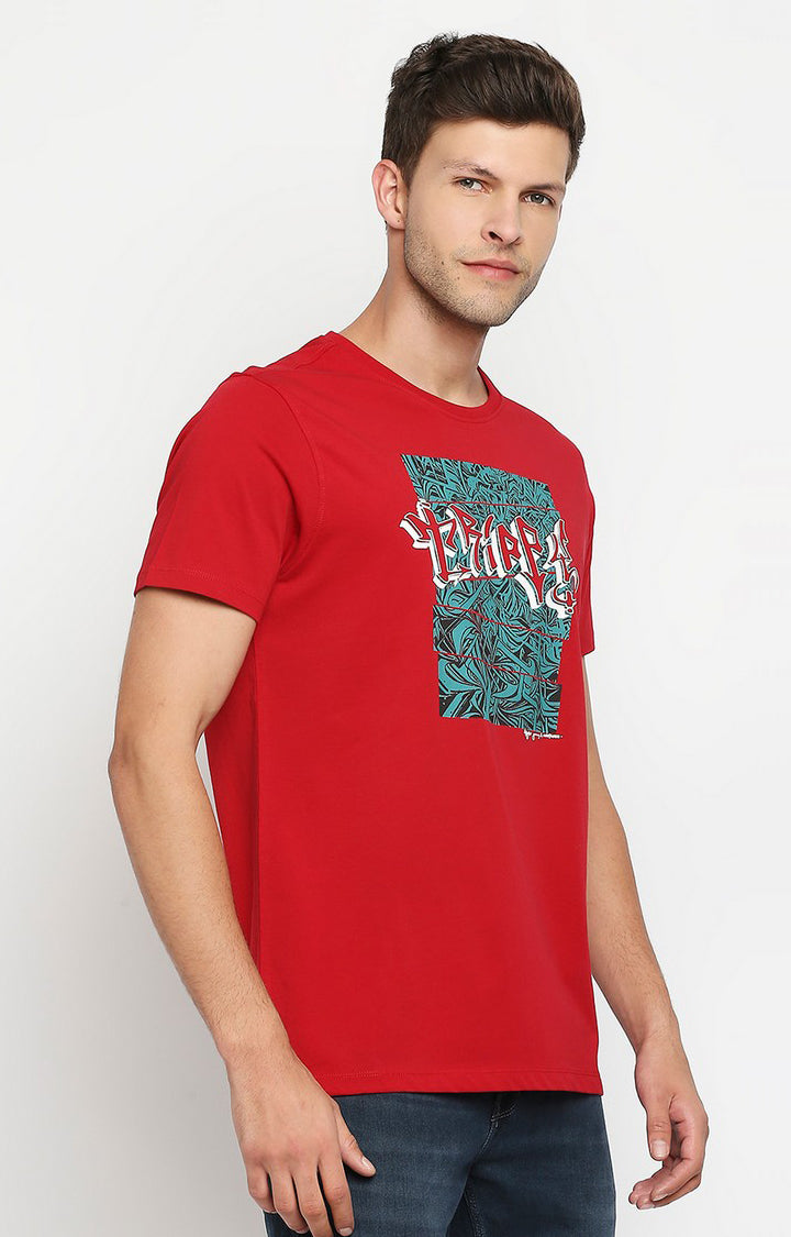 Spykar Men Red Cotton Slim Fit Round Neck T-Shirt