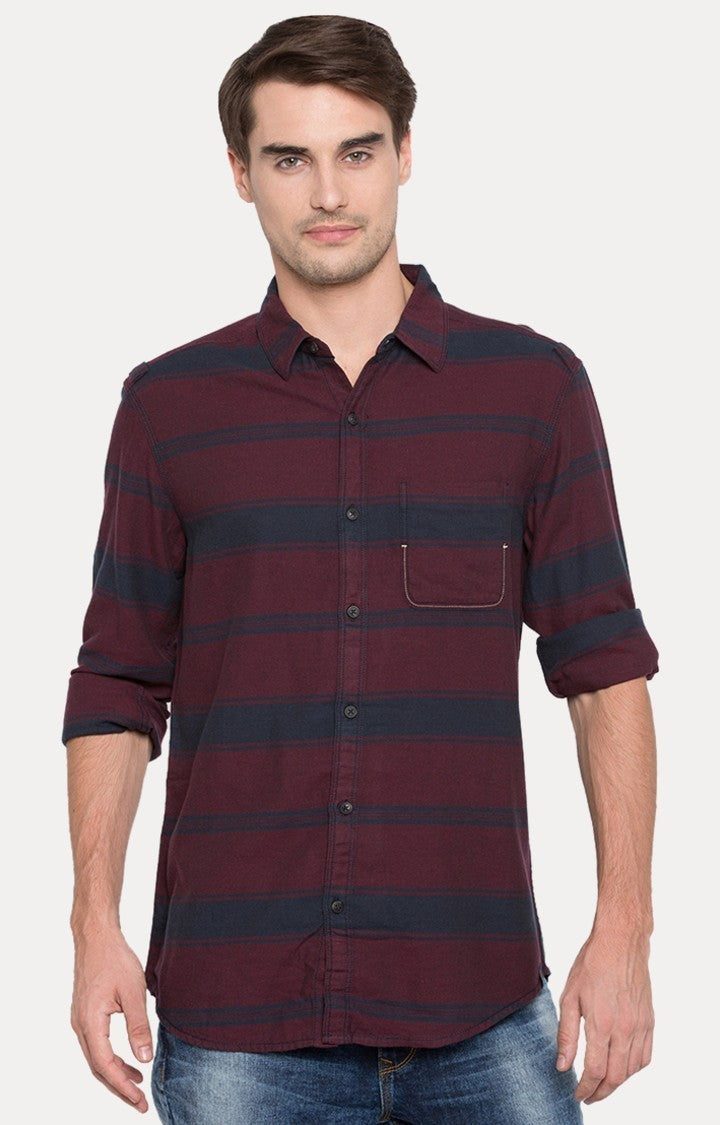 Spykar Men'S Red Cotton Striped Casual Shirts