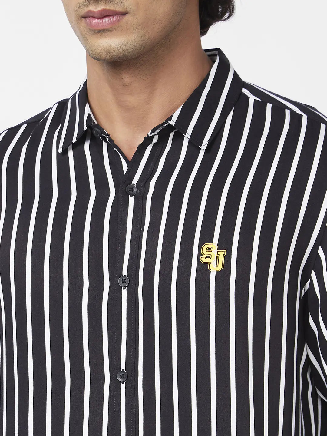 Spykar Men Jet Black Viscose Slim Fit Full Sleeve Casual Striped Shirt