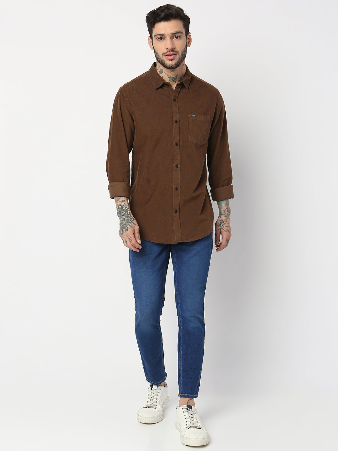 Spykar Men Mud Brown Cotton Slim Fit Plain Shirts