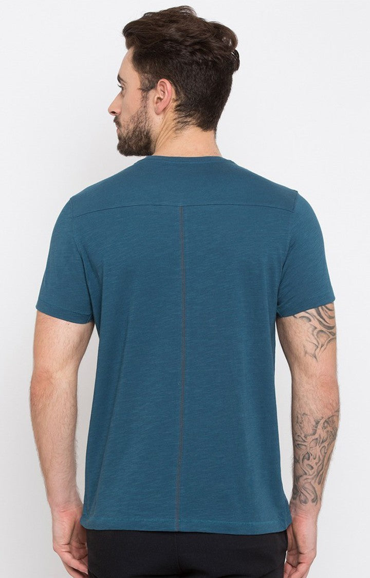 Spykar Teal Blue Printed Slim Fit Men T-Shirts